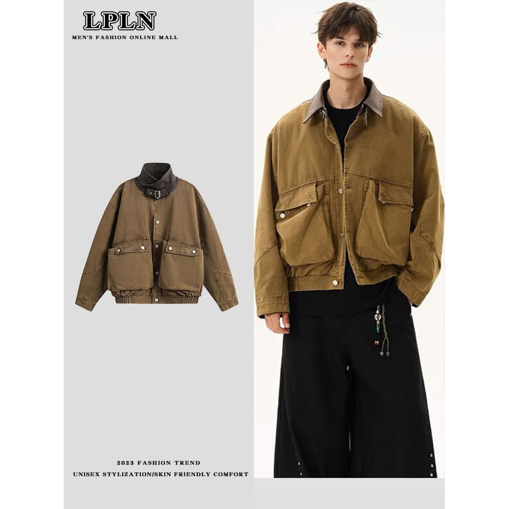 LPLN americano ferramentas angustiado lavado estilo Baen costura gola de couro grande bolso jaqueta masculina curto topo