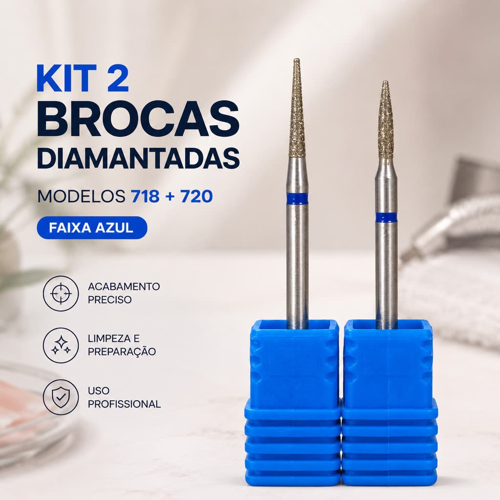 Kit 2 Brocas Diamantadas Real Love 718 e 720 Faixa Azul Cutícula Acabamento Nail Designer