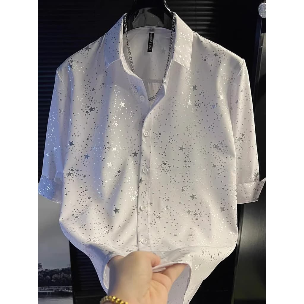 2025 novo estilo verão Gypsophila camisa de manga curta masculina Street Wear bonito influenciador de meia manga branco