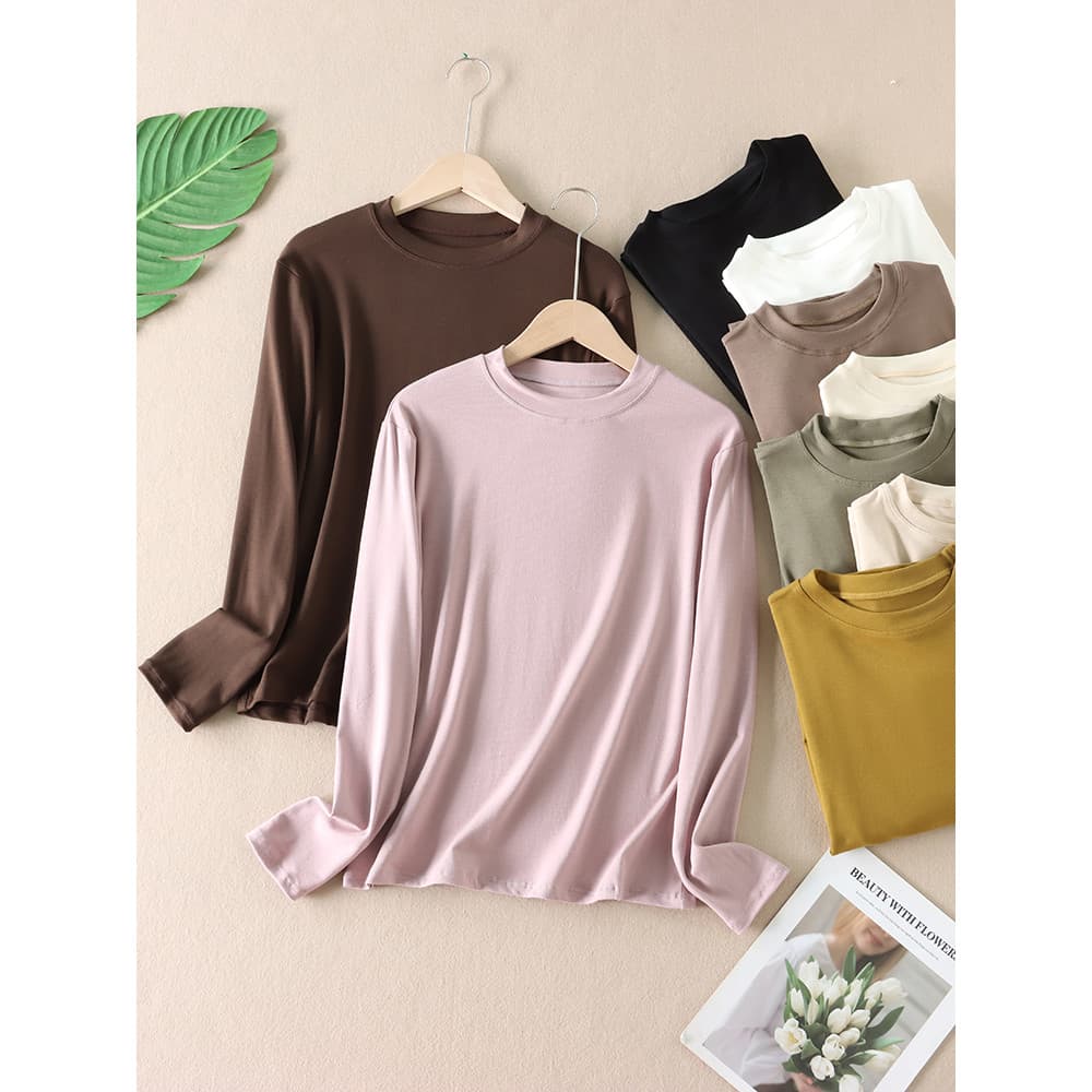 Pessoas duas peças ~ 280g auto-recomendado básico em torno do pescoço de manga comprida camiseta feminina dopamina All-M