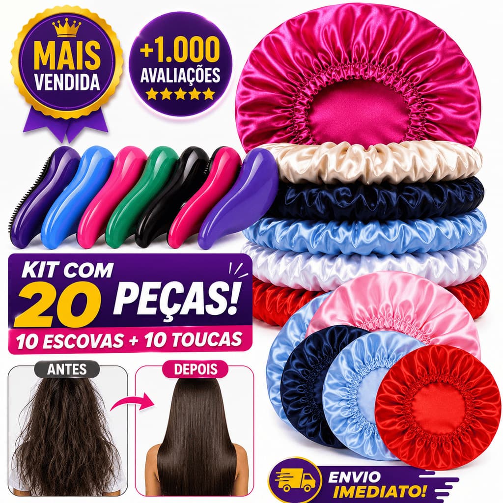 KIT COM 10 Escovas Mágica + 10 Toucas Anti Frizz, Escolha sua Cor Preferida