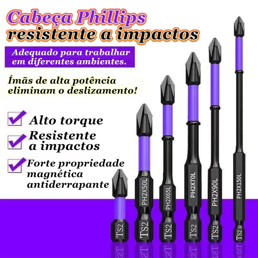 Kit 6 Peças Pontas De Chave De Fenda Magnéticas Antiderrapantes Resistente Impacto