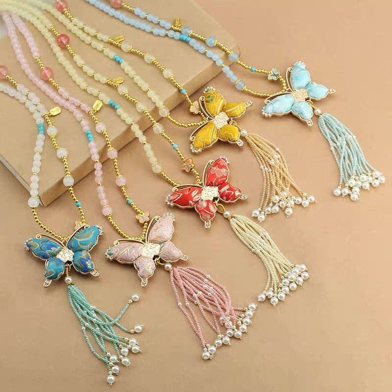 Colar feminino com borla de borboleta em brocado estilo Song, imitação de estilo chinês, nova corrente longa com contas