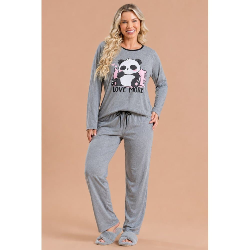 Pijama Longo Feminino Adulto Inverno Love Panda Confortável
