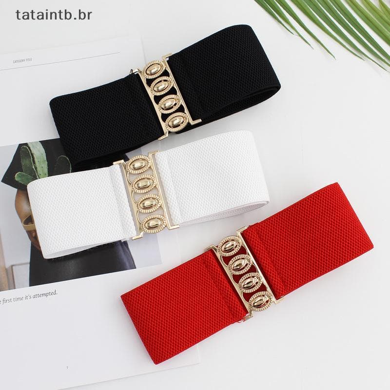 [TaTa] Cinto Feminino Largo Elástico Moda Simples Metal Bule Cintura Espartilho Cinch Vestido Cintos Elásticos BR