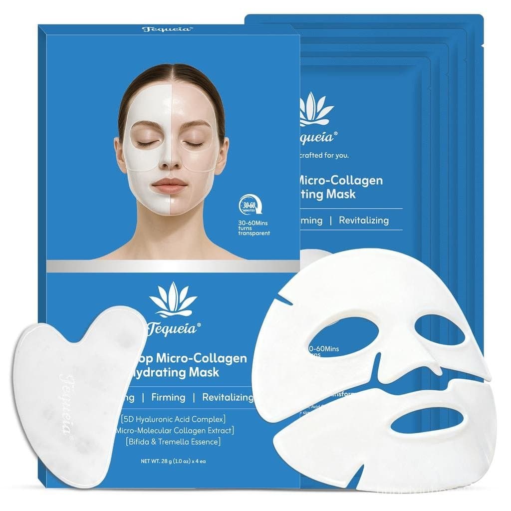 TEQUElA Face, 4 Peças de Micro-Colágeno Dewdrop, Máscara Facial Hidratante 5D com Ácido Hialurônico e Essência de Tremel