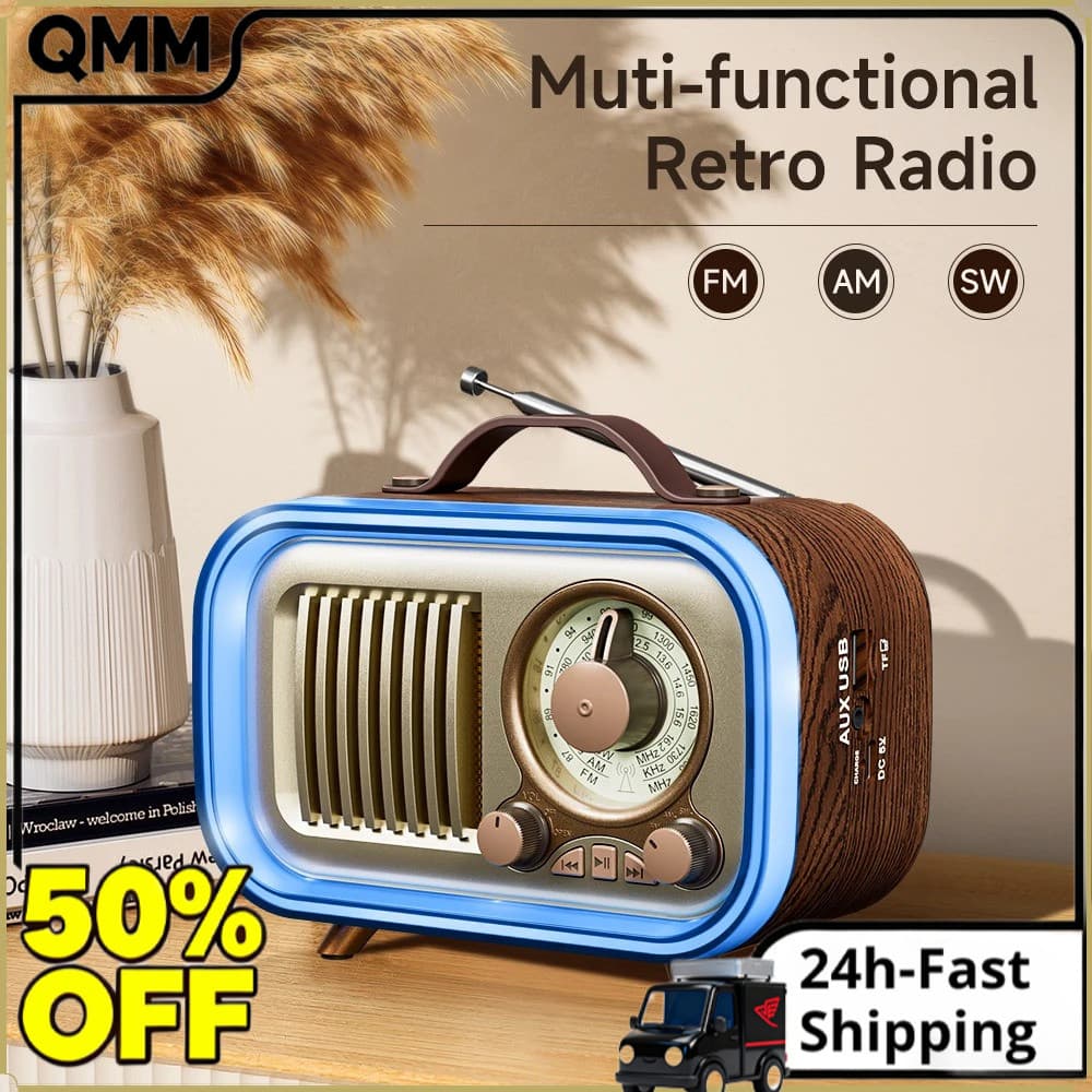 Rádio Portátil Sem Fio FM AM SW Design Vintage RGB Multicolorido Luz Noturna Alto-Falante De Áudio Para Festa