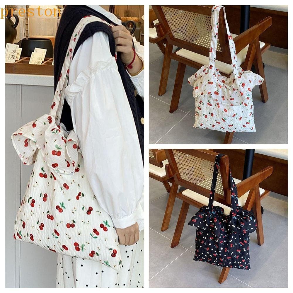 Bolsa De Ombro De Chiffon PRESTON , Malha De Flores Com Babados , Sacola De Cereja De Grande Capacidade Estilo Coreano F