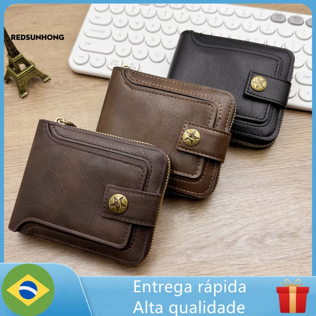 Secure Men Wallet Large Capacity Men's Vintage Faux Leather with ID Window, Zipper  Button Closure, Anti-Theft Front Poc