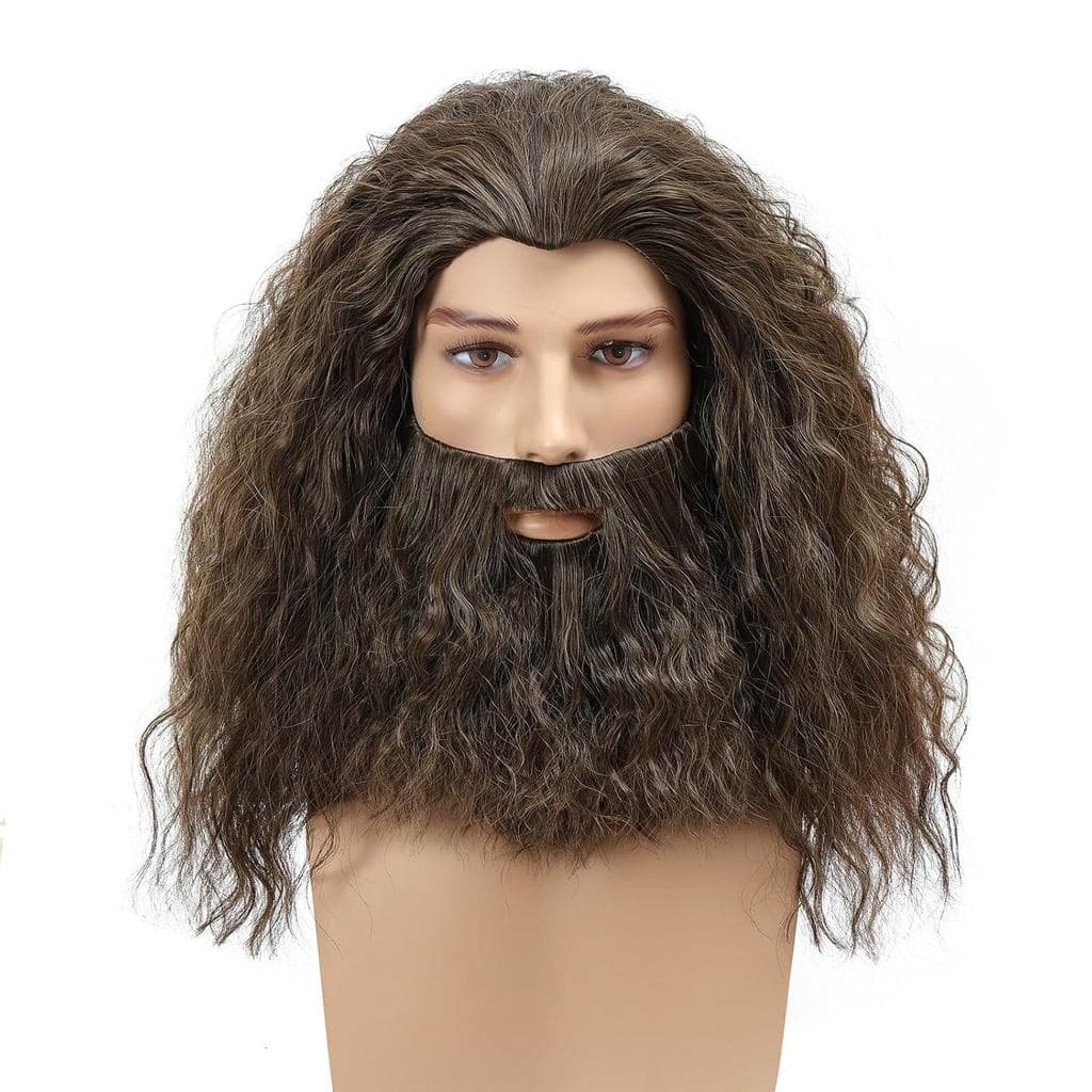 Peruca Masculina de Cabelo Cacheado Longo Castanho com Barba para Fantasia de Halloween e Festa Cosplay