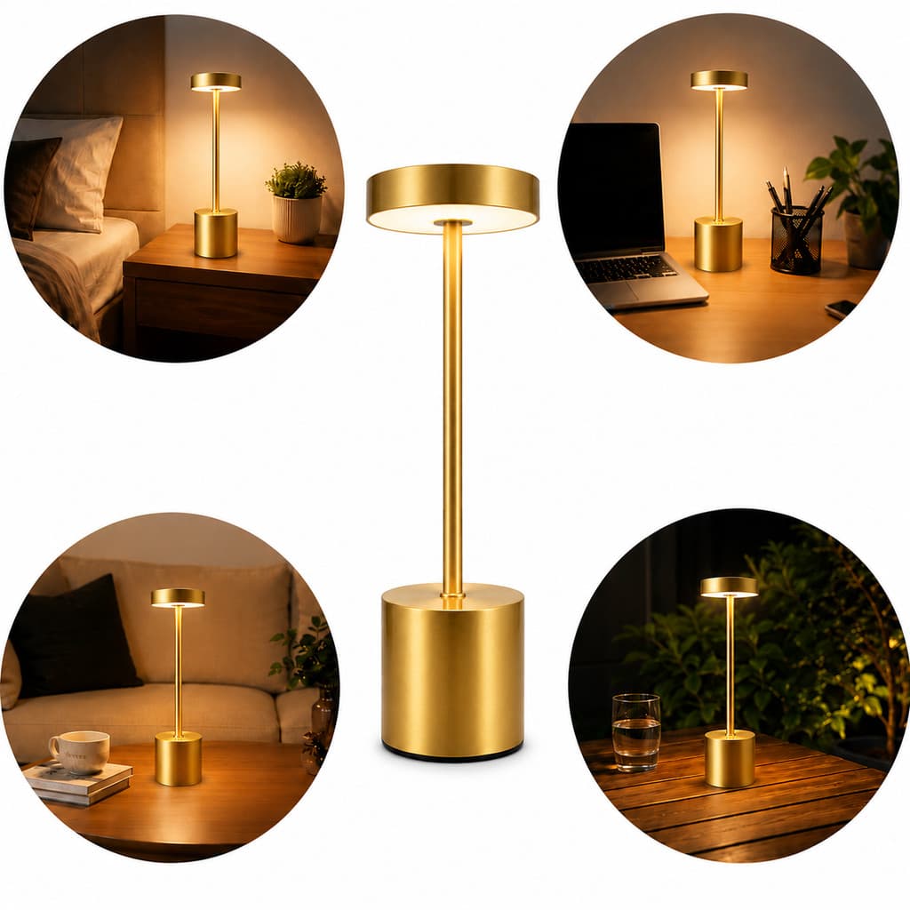 Luminária Dourada LED Touch Recarregável USB Sem Fio Abajur Mesa Premium