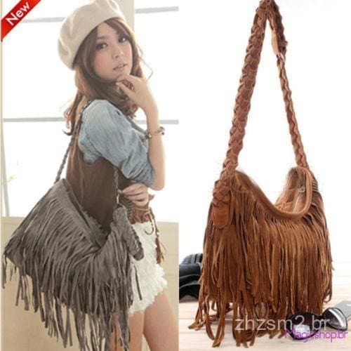 Bolsa de Ombro Elegante e Bonita em Camurça com Franjas para Mulheres e Meninas