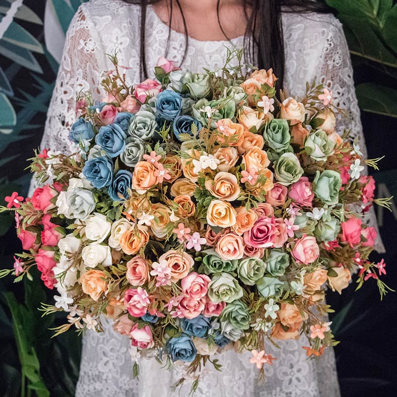 Flor decorativa artificial de rosa de 5 pétalas em estilo europeu, cor de outono, flor artificial para casamento em teci