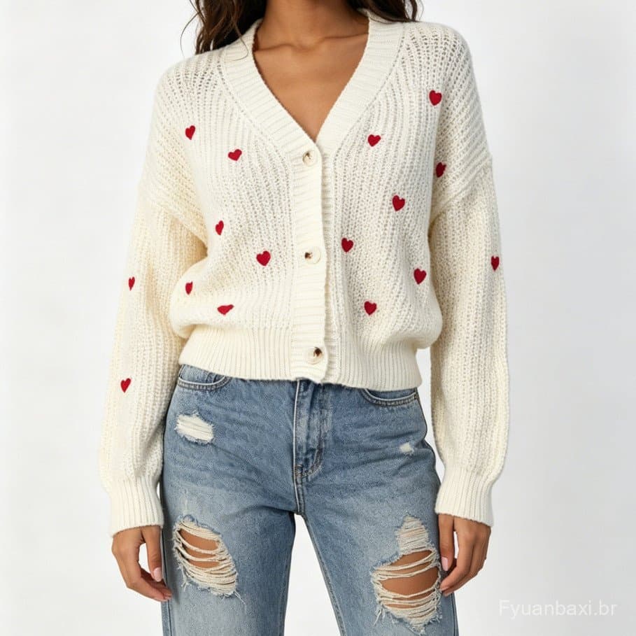 Cross-Border 2026 europeu americano malha topo outono inverno novo estilo moda feminina amor Jacquard com decote em V ca