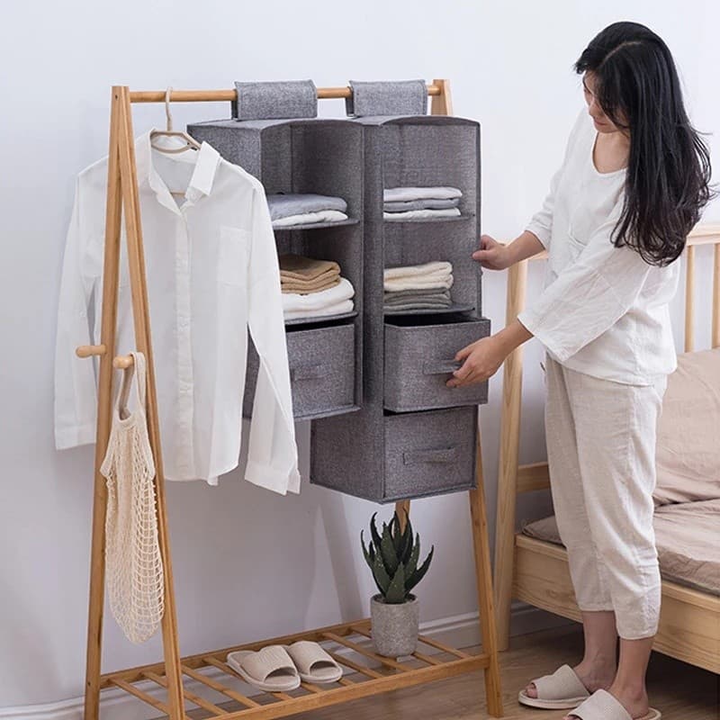 Cotton Linen Hanging Storage Bag Drawer Style Wardrobe Organizer Box Clothes Organizer Holder Collapsible Hanging Storag