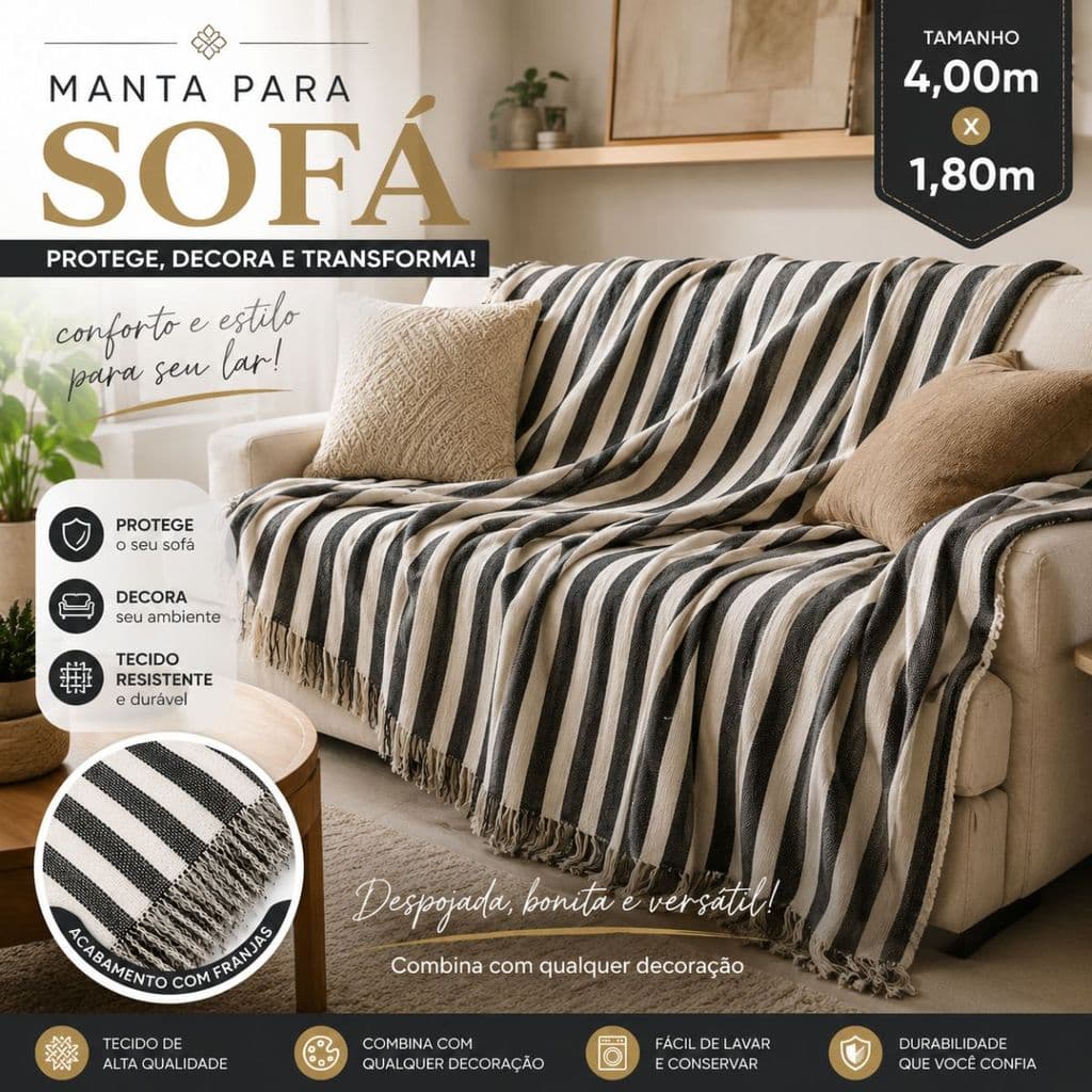 Manta Protetora Para Sofá King Decoração 4,00 x 1,80 Elegância, Proteção e Conforto