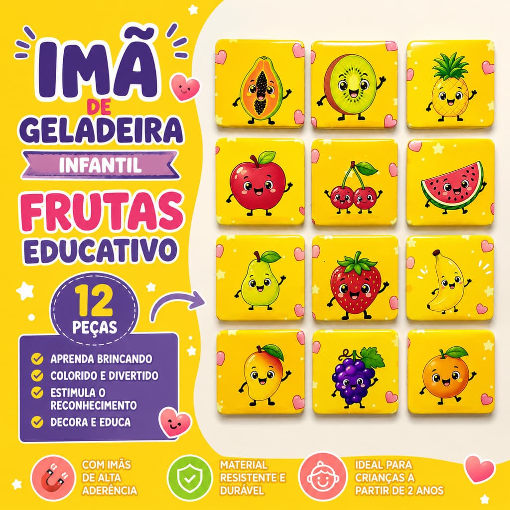 Kit 12 Imãs de Geladeira Infantil Frutas e Legumes Educativo para Crianças Montessori