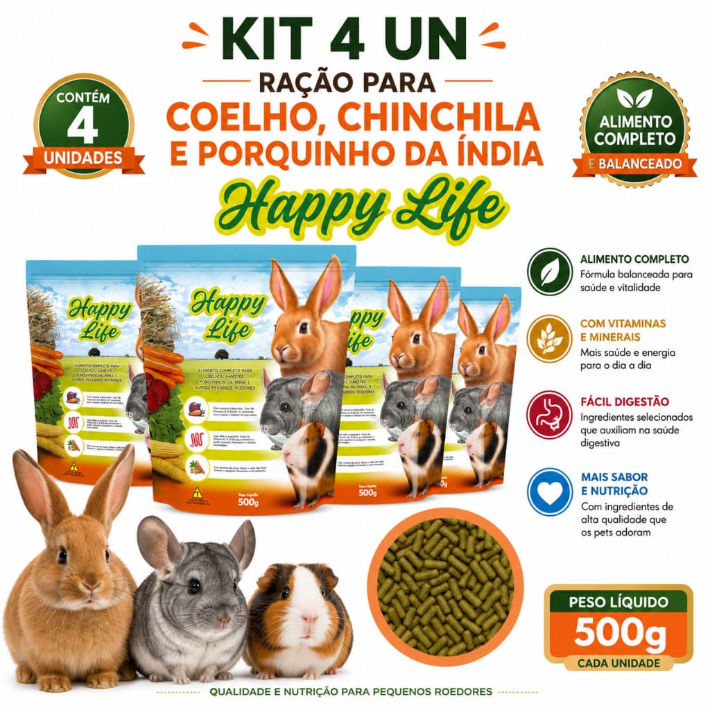 Kit 4 un - Ração para Coelho, Chinchila e Porquinho da Índia Happy Life Premium 500g
