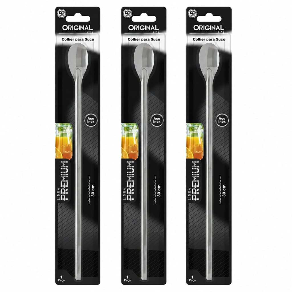 Kit 3 Colheres para Suco 30cm Aço Inox Colher Longa para Drinks Caipirinha Copo Alto e Coquetéis