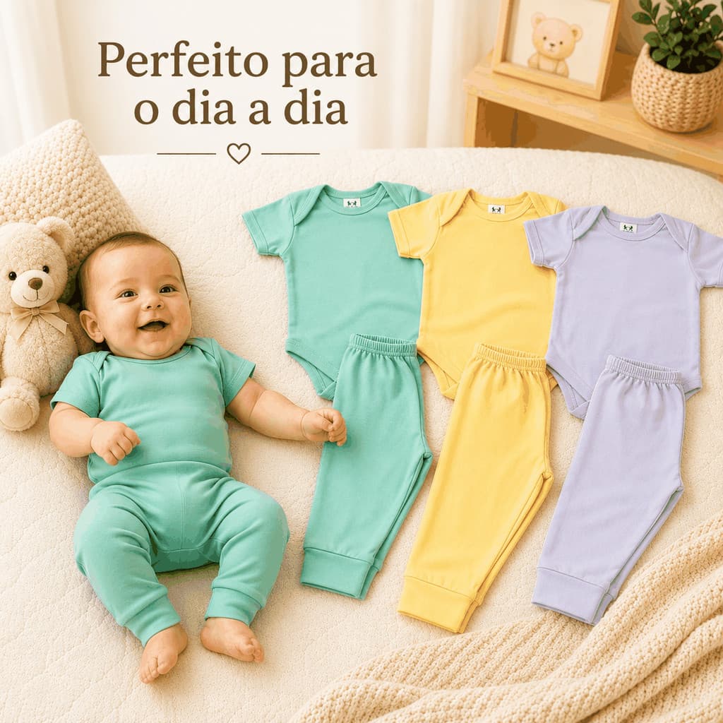 Kit De 6 Peças Roupa Bebe Masculino Enxoval Menino 3 Body Manga Curta + 3 Mijao Calca Algodao Maternidade