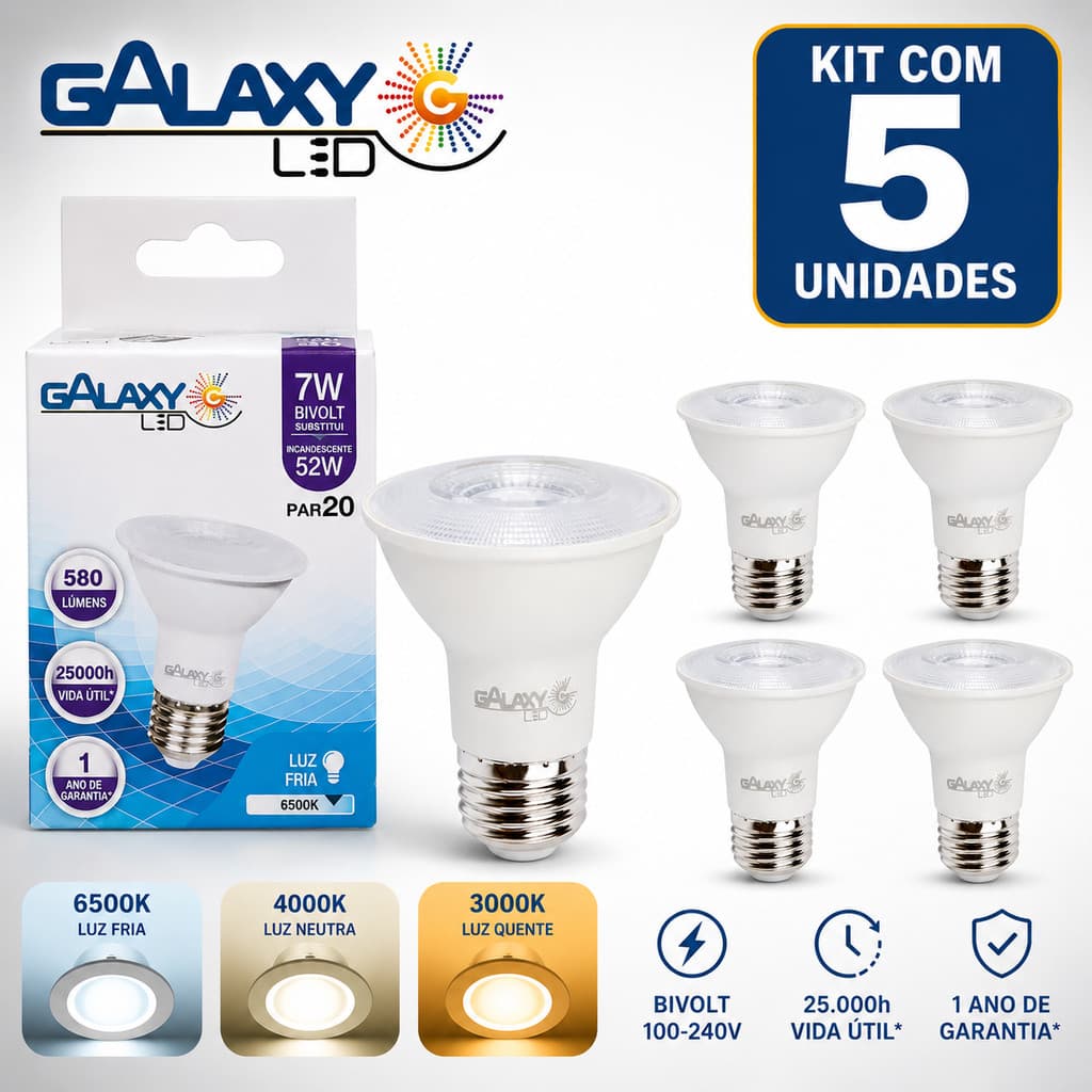 KIT 5 / 3 / 2  Lâmpadas PAR20 7W 3000K/4000K/6500K Branca Quente/Neutra/Frio Bivolt 110v 220v Decoração 38° Spot