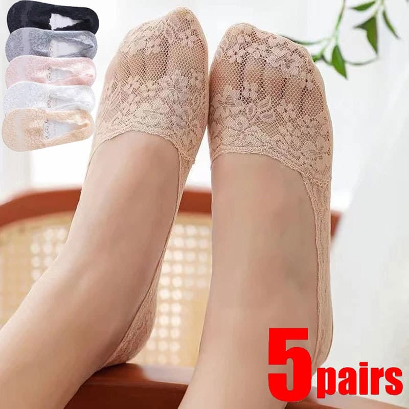 5 Pares Meias De Renda Femininas Invisíveis Curtas No-Show Tornozelo Verão Rendas Algodão Transparente Baixo Corte Barco