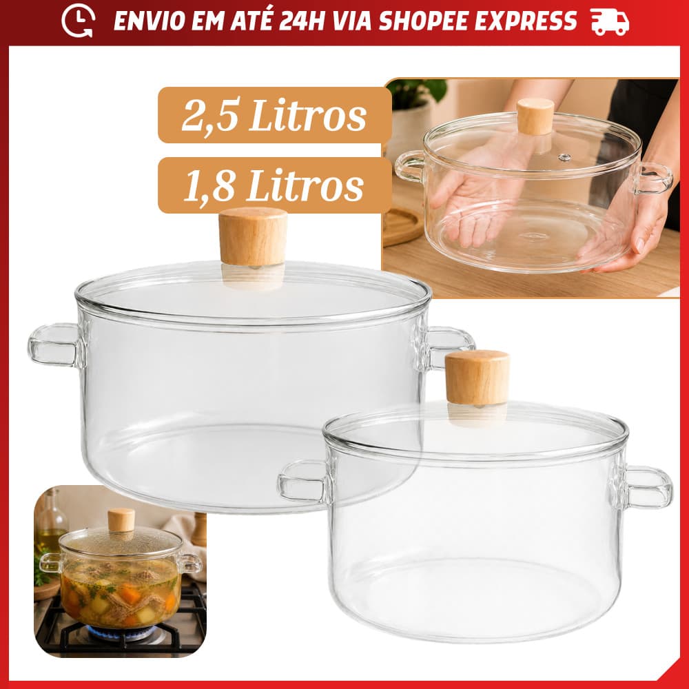 Kit 2 Panelas de Vidro Borossilicato Caçarola com Tampa Ideal para Preparar Sopas Caldos Molhos