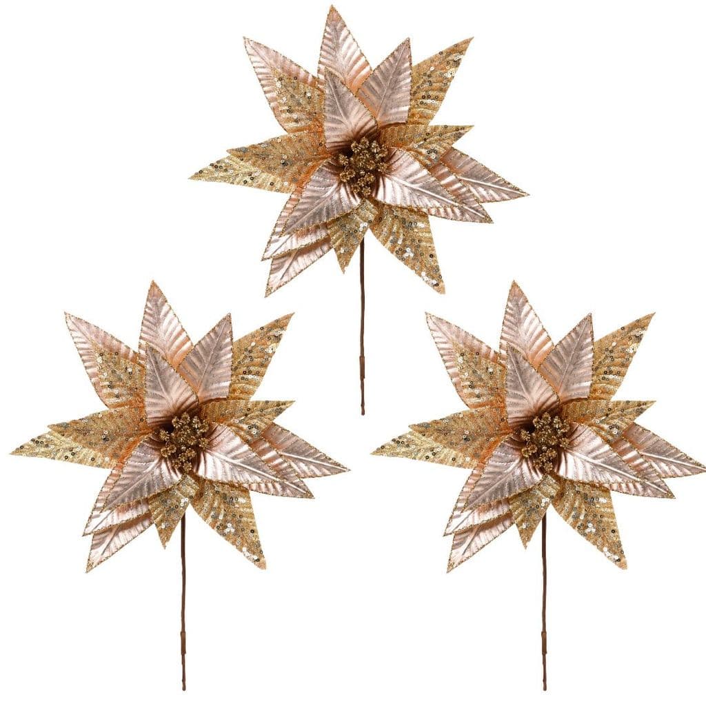 Kit 3 Flores Bico de Papagaio Pick Natal Luxo Rosê Gold Tecido Frisado Glitter e Lantejoulas 28cm