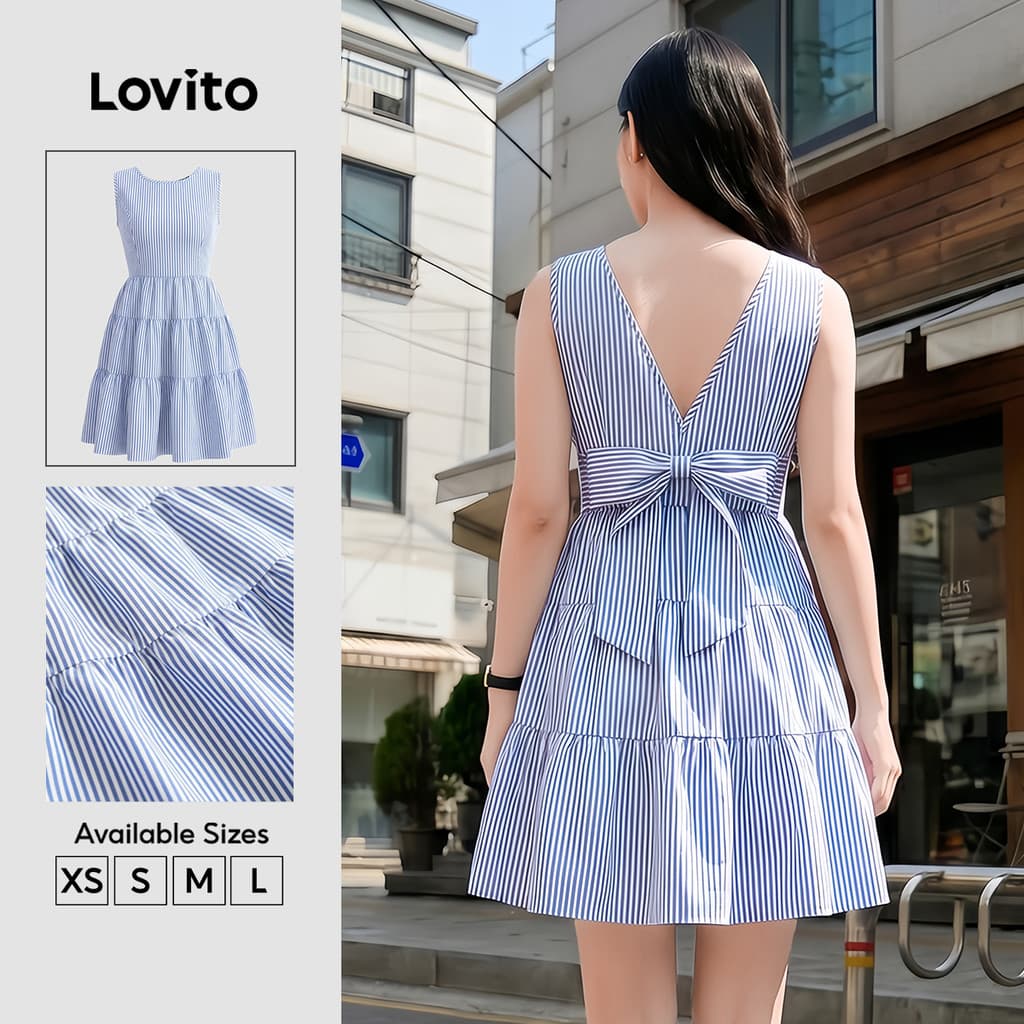 Lovito Vestido Casual com listras laterais e laço nas costas simples primavera/verão vestido azul LK3EDD606