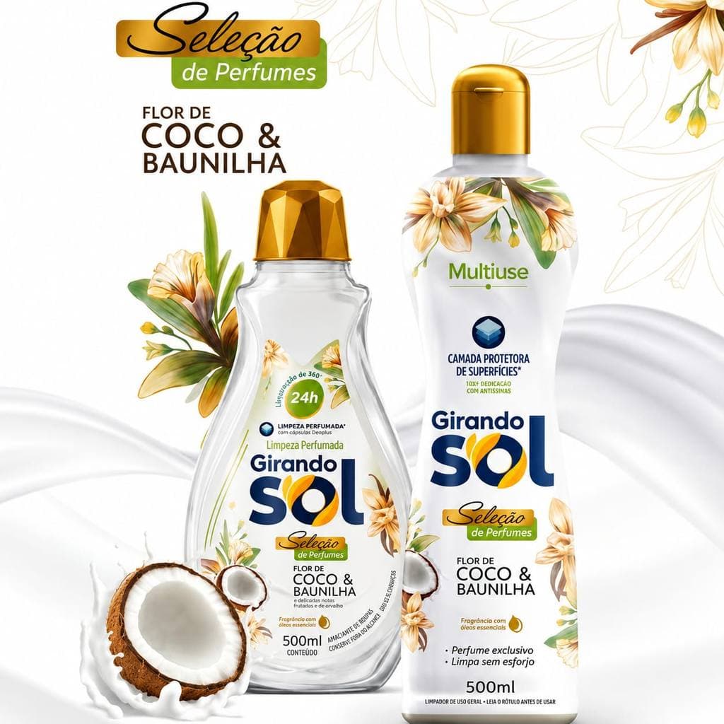 Limpador Perfumado Multiuso Girando Sol Flor De Coco & Baunilha 500ml /1L Limpeza Perfume Duradouro