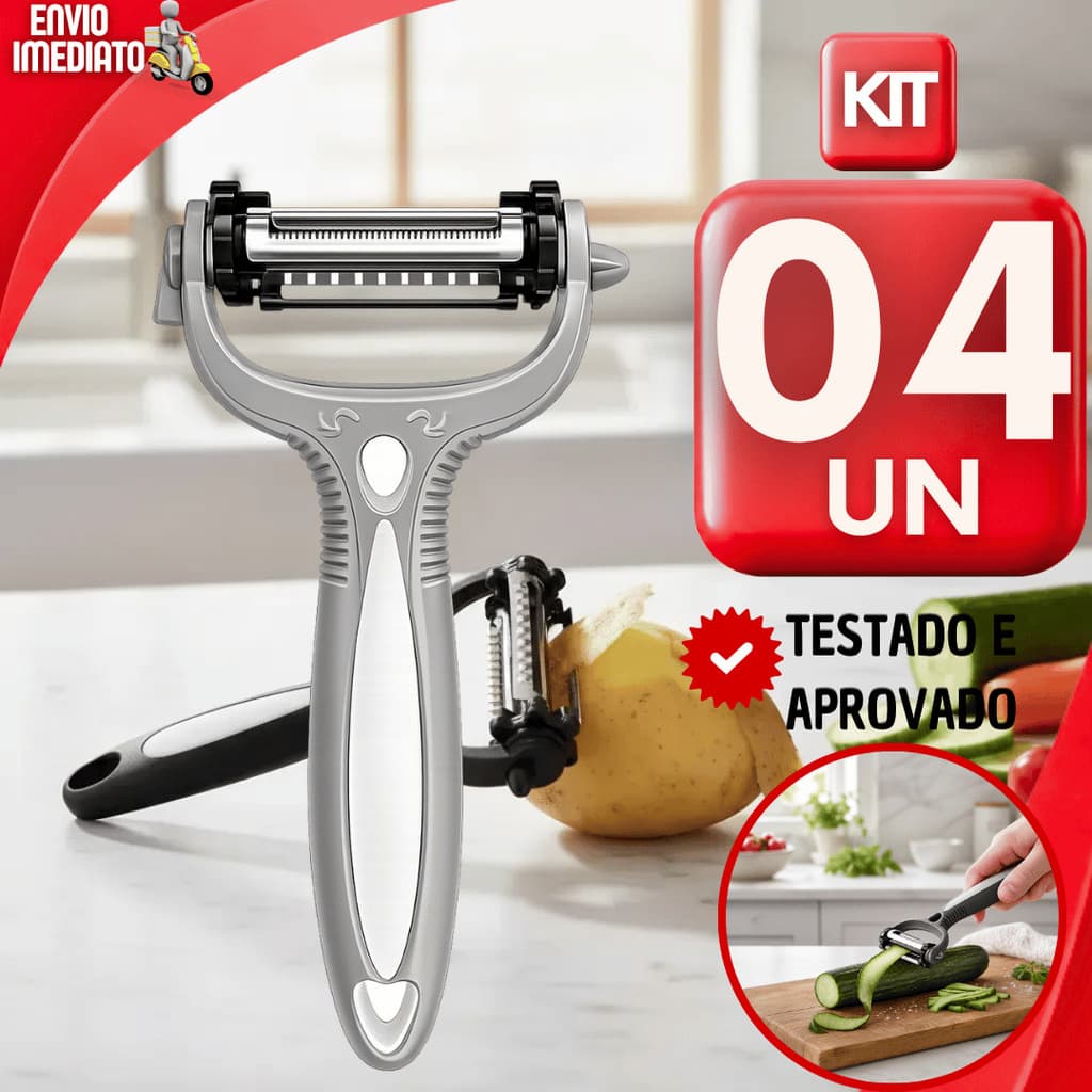 DESCASCADOR GIRATÓRIO 3 EM 1 COM LÂMINAS EM AÇO INOX PARA DESCASCAR FRUTAS, LEGUMES E VERDURAS