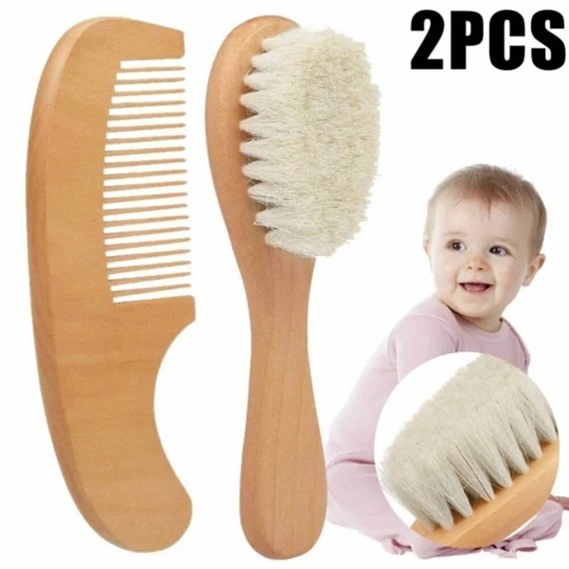 2 peças de escova de cabelo de lã com pente de madeira para banho de bebê recém-nascido e massageador de cabeça