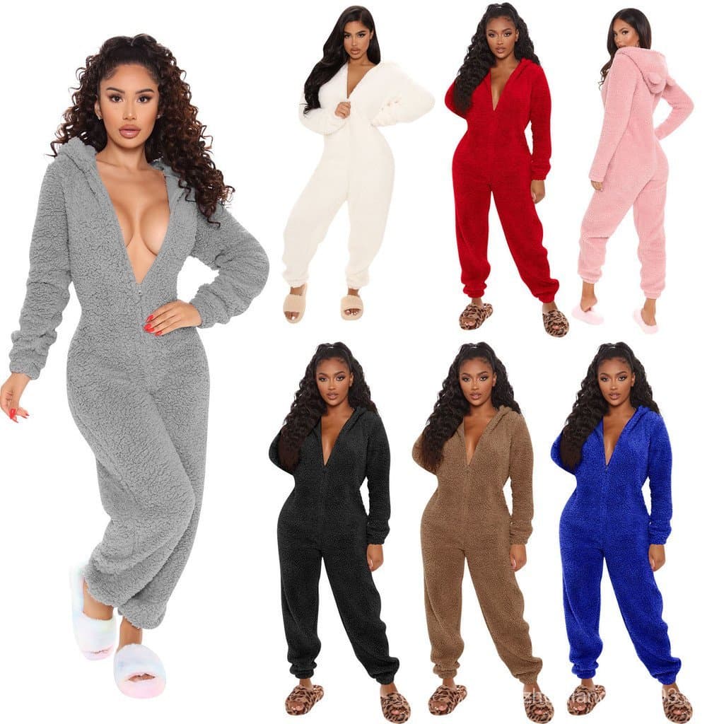 Novo macacão casual de manga comprida com capuz para o outono e inverno, pijama de pelúcia para uso doméstico, roupa fof