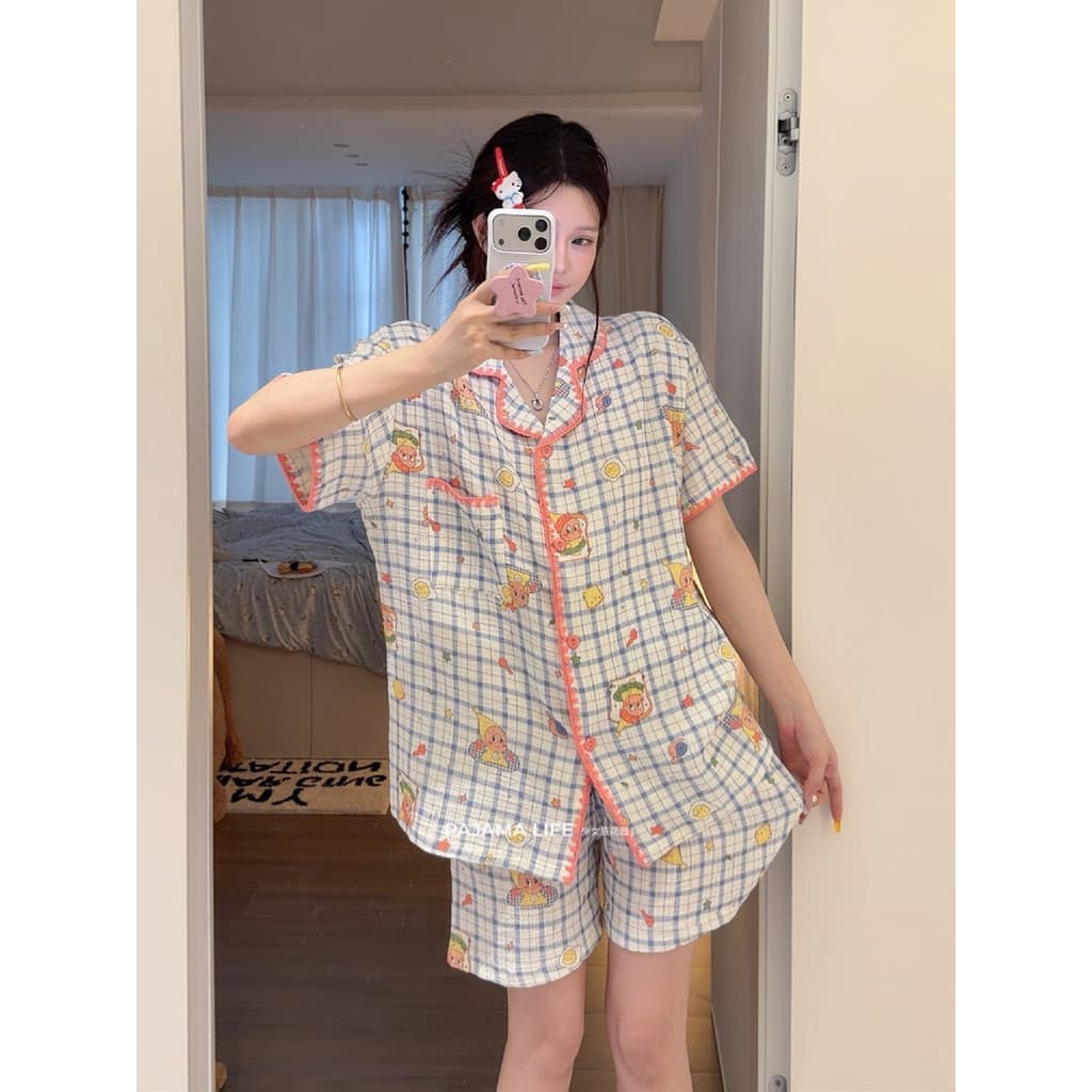 Bonito dos desenhos animados estrela xadrez pijamas feminino verão Shorts de manga curta puro algodão gaze Loungewear te