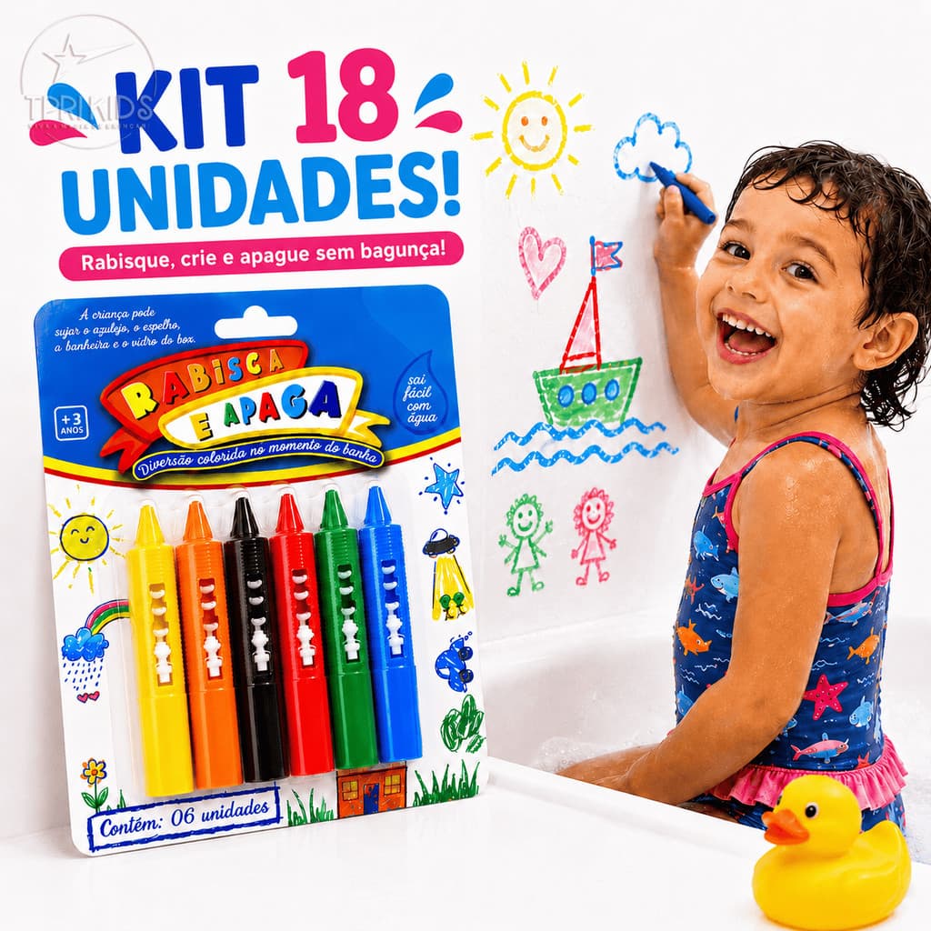 Kit 18 Giz Rabisca e Apaga de Cera Lavável Criança Infantil 6 Desenhar Banho Cores Diversão Colorir
