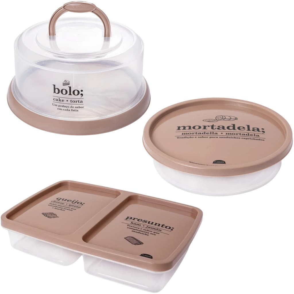 Kit 3 Peças com Boleira Porta Bolo + Porta Frios Duplo + Porta Mortadela