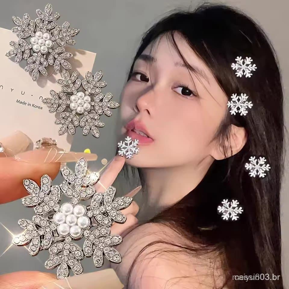 Presilha de Cabelo Brilhante com Pérola em Forma de Floco de Neve, Acessório de Moda para Mulheres, Presilhas de Cabelo