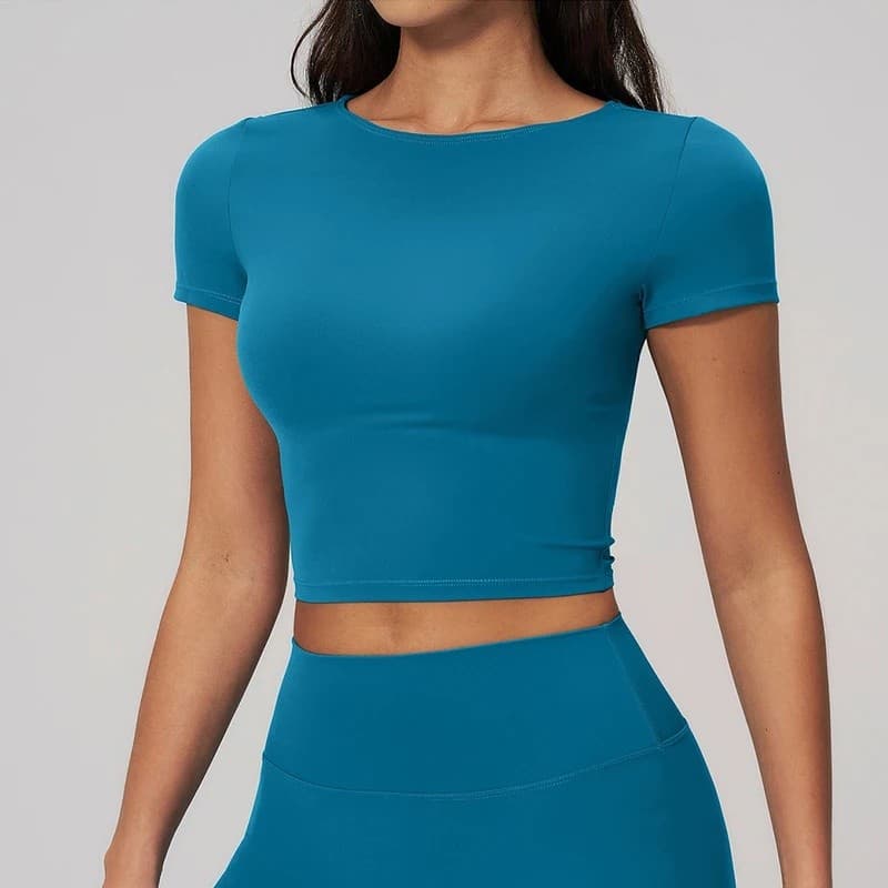 JUREN Top de Yoga de Verão para Mulheres, Camiseta Esportiva Sem Costura, Roupas de Fitness, Camiseta de Yoga de Manga C