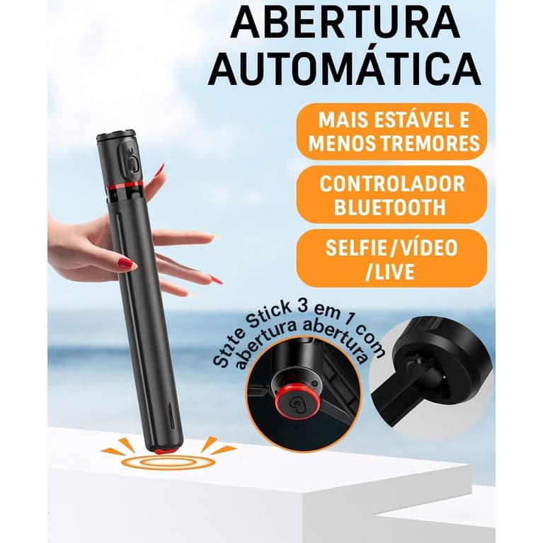 Tripé Selfie H‘maston ZP008 Stick 3 Em 1 Com Controle Bluetooth E Abertura Automática Mini, Extensível E Portátil