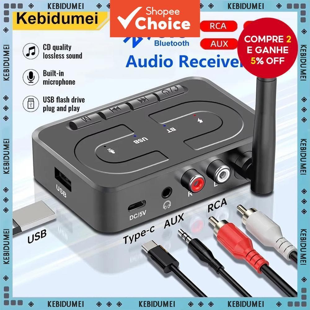 Adaptador Receptor de Áudio Bluetooth 6.0 USB 2026, Música Estéreo Sem Fio 3.5mm AUX R/L RCA com Microfone, Suporte