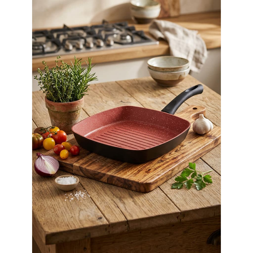 Frigideira Premium Bistequeira Antiaderente Lyor Granito Chef Vermelha 24cm Indução Gás Elétrico
