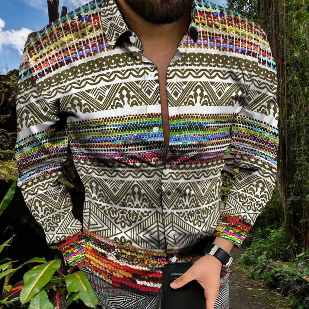 Camisas Masculinas Oversized, Camisa Casual Étnica com Estampa Digital 3D Azteca, Manga Longa, Roupas Masculinas Vintage