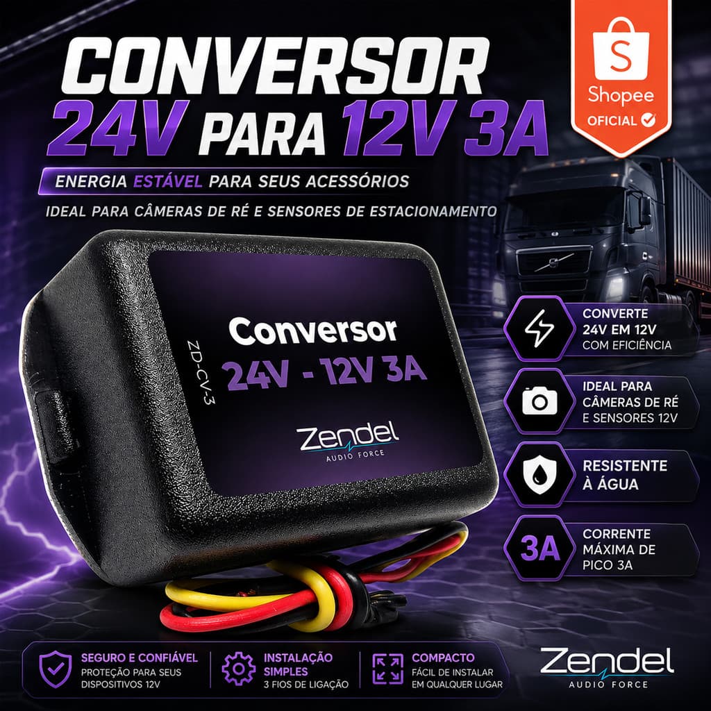Conversor de Tensão Automotivo 24V para 12V 3A 36W Zendel ZD-CV-3 Caminhão Ônibus Câmera de Ré