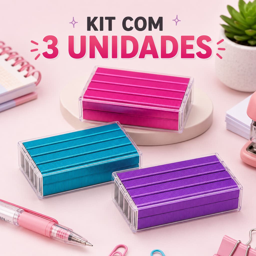 Kit com 3 Grampos  para Grampeador Colorido 26/6 1000Un Galvanizado- BRW