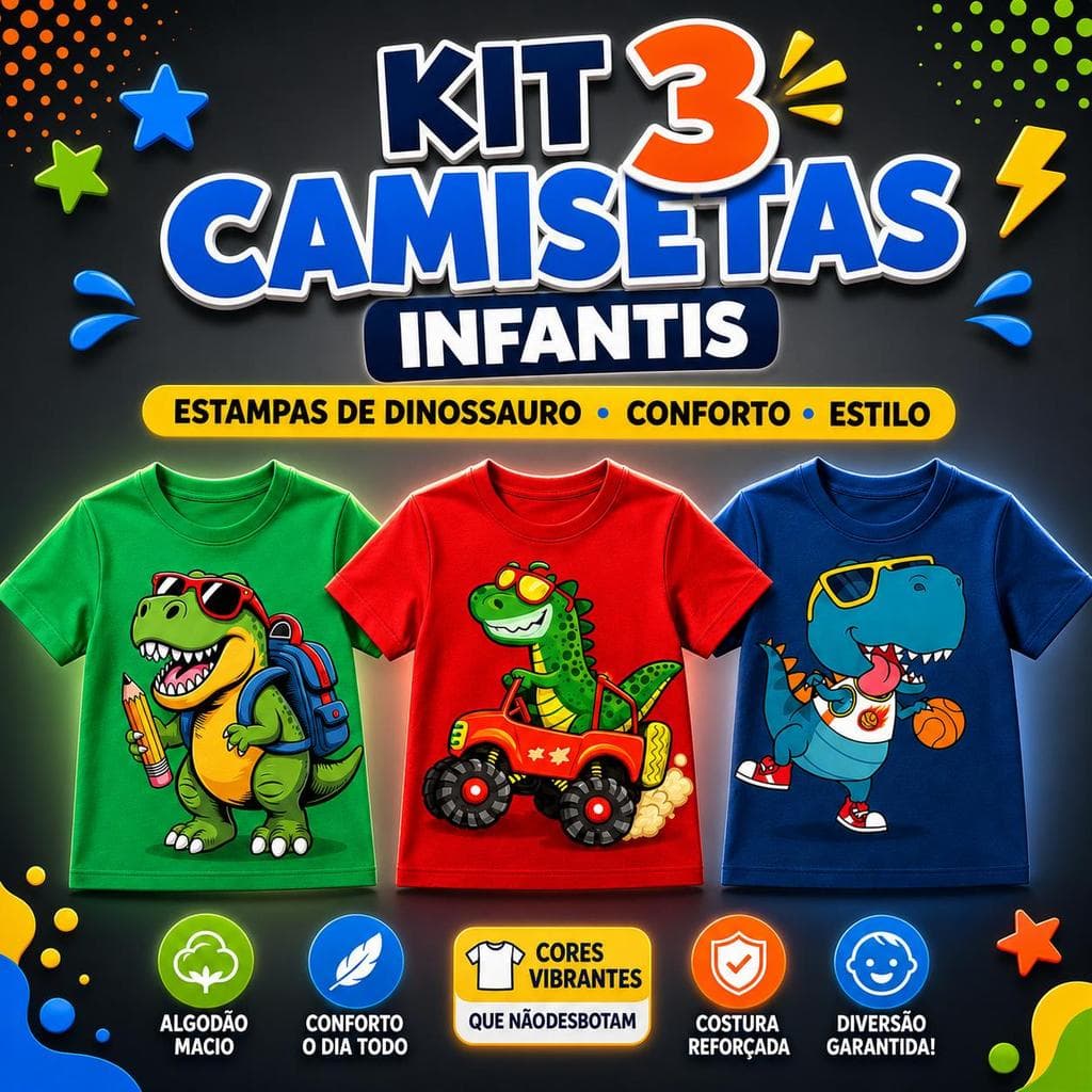 Kit 3 Camisetas Infantis Sortidas Algodão Premium Menino Menina, Camisas Estampadas Confortáveis para Dia a Dia, Escola