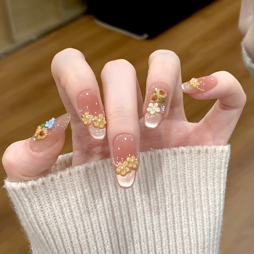 30 peças de unhas postiças rosa blush com efeito olho de gato, estilo floral francês, conjunto de unhas fofas e usáveis