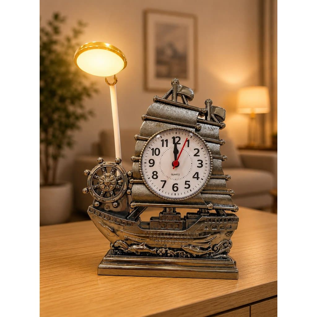 Relógio Decorativo de Mesa Navio Porta Canetas com Luminária LED Organizador Escritório Quarto Sala Presente Criativo