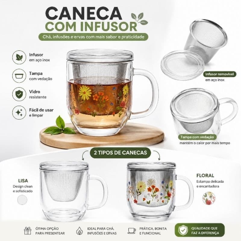 Caneca de Vidro com Infusor e Tampa para Chá Ervas e Infusões Modelo Liso ou Floral