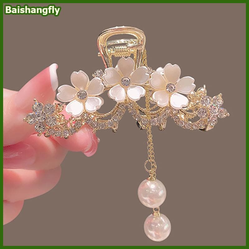 baishangfly Elegante Diamante-Incrustado Pérola Jasmim Flor sel Garra Clipe De Metal Grampo De Cabelo Feminino No Ba Da