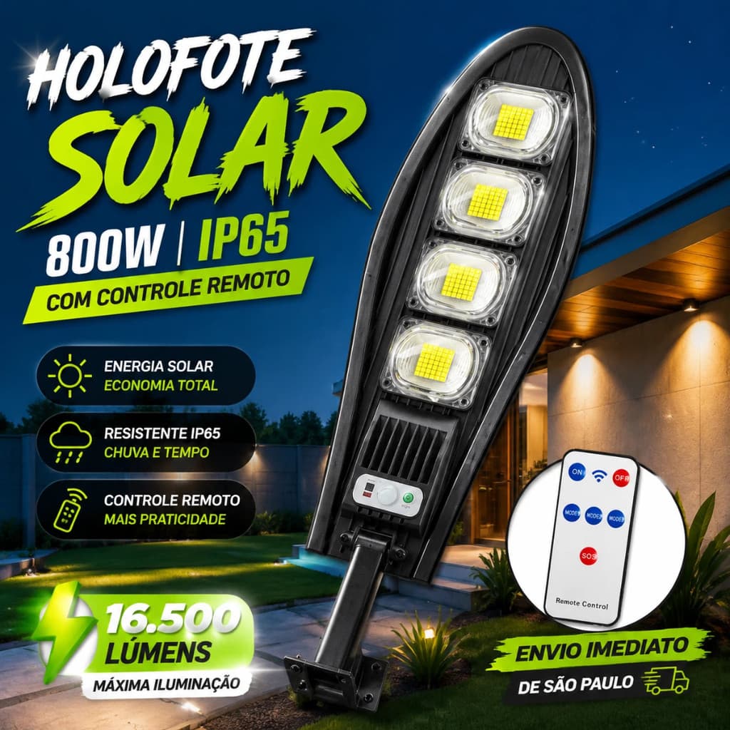 Holofote Solar Refletor 800W IP65 Com Controle Remoto Para Jardim
